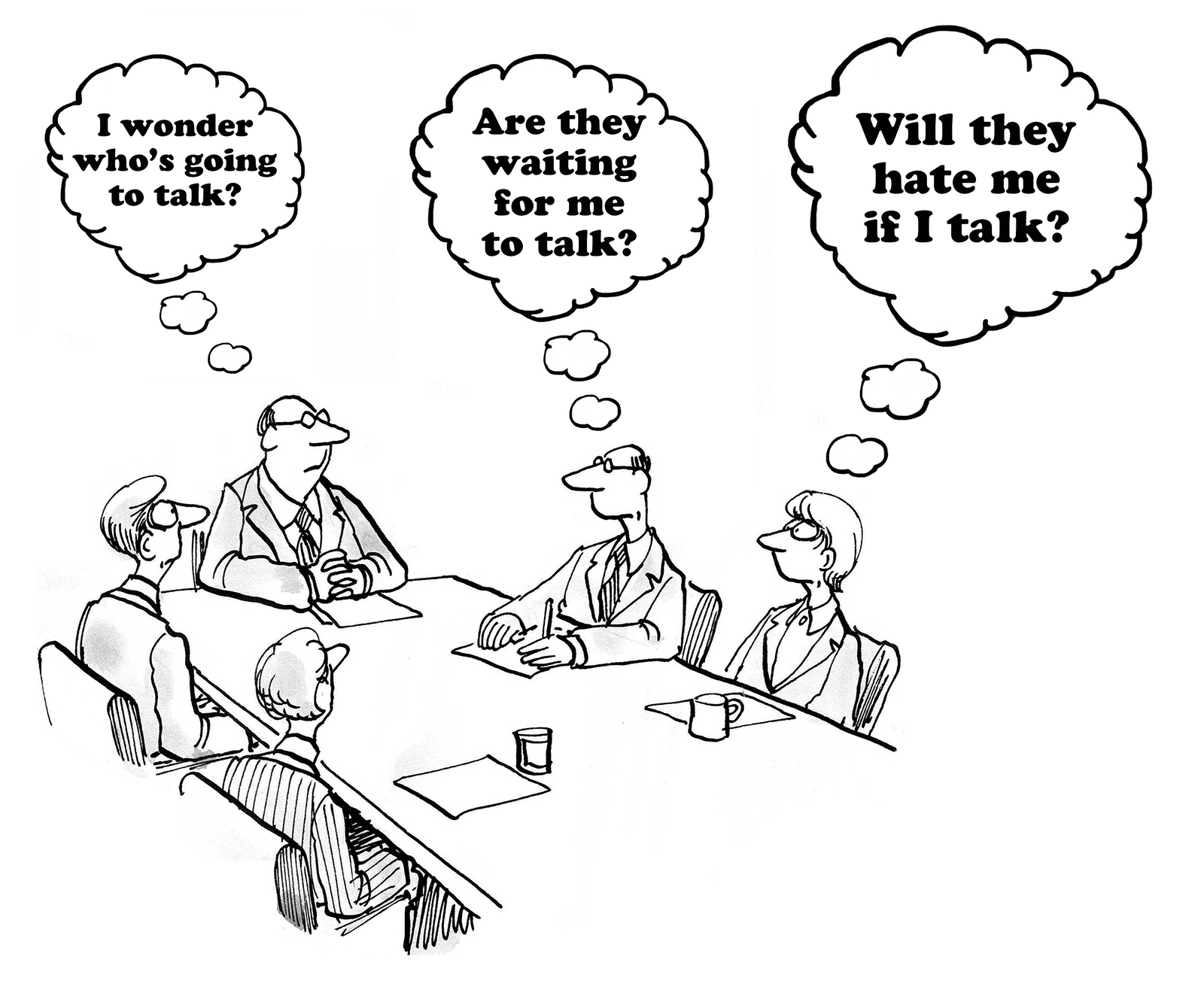 Business cartoon about hesitancy to talk in a meeting. - Michael Kerr